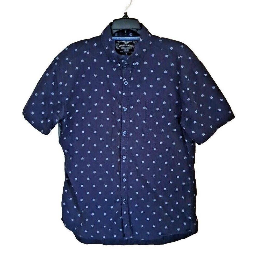 San Francisco Work Shirts Men's Slim Fit Sz Lg All Over Print Navy w‎ Fox Heads